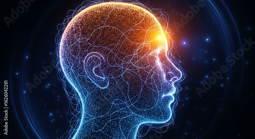 The head is not a solid form, but rather a glowing composition of light and energy in shades of vibrant orange and deep blue.