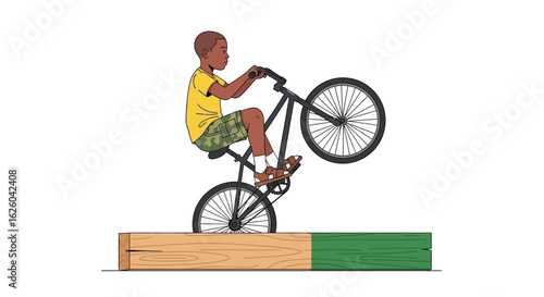 Boy riding bicycle doing wheelie trick on wood block vector illustration art