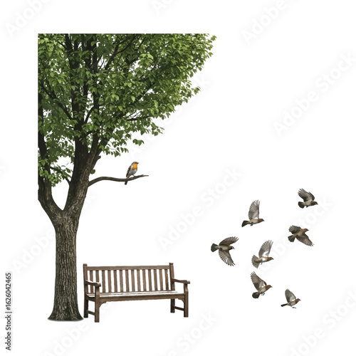 A peaceful park scene with a wooden bench and birds flying from a tree