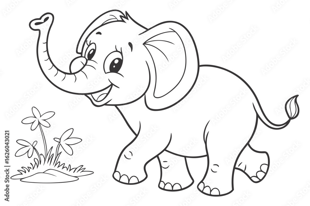Obraz premium Coloring Pages, baby elephant with big ears, cartoon style, uncolored