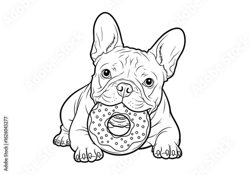 French Bulldog dog holding a donut toy in its mouth in a black and white illustration for pet playtime