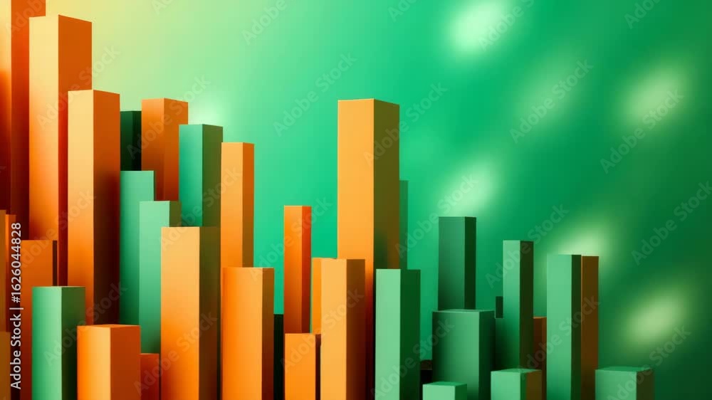 Abstract 3D bar chart with orange and green columns and bars on ...
