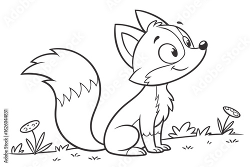 Coloring Pages, baby fox sitting with a fluffy tail, cartoon style, colorless, for coloring book