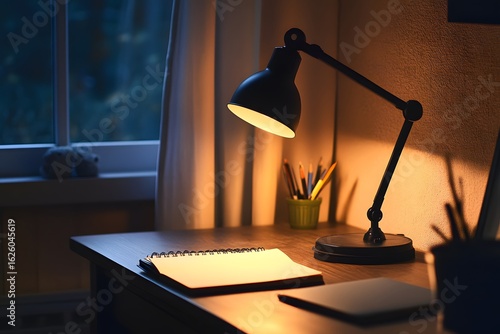 simple workspace at night with desk lamp lighting a journal, cozy and minimal composition
