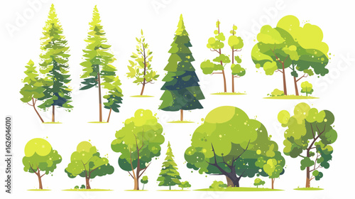 Evergreen Trees: A curated collection of diverse, lively green trees. showcasing nature's beautiful diversity, with the vitality of foliage.