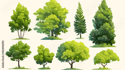 Green Foliage Variety: An artistic rendering showcases an array of vibrant green trees, each representing a unique species. Illustrating nature's botanical diversity.