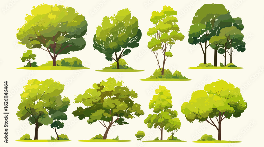 Fototapeta premium Lush Green Trees: A collection of eight diverse trees and shrub illustrations, showcasing vibrant green foliage and varied shapes, perfect for adding natural elements to designs.