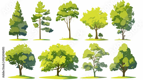 Diverse Tree Collection: A vibrant collection of stylized trees showcases a variety of forms and foliage. Ideal for enhancing design projects with botanical detail.