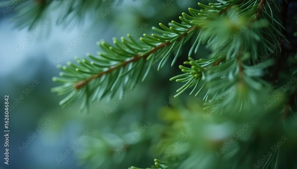 Delicate evergreen branch in a macro shot shows details of needle arrangement and growth against soft blurred background Delicate evergreen branch in a macro shot shows details of needle arrangement and growth against soft blurred background