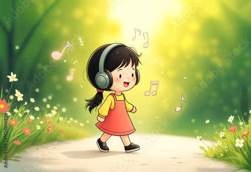 A cute little girl is walking down the road, listening to music on her headphones and smiling happily.