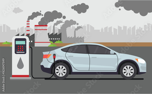 Vector illustration depicting a gasoline-powered car refueling at a gas station. The image highlights the dirty nature of fossil fuels, with a backdrop of a polluting oil refinery that generated