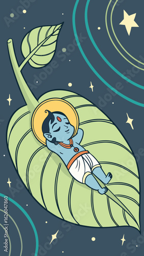 Cute cartoon baby krishna sleeping peacefully on a large green leaf under a starry night sky