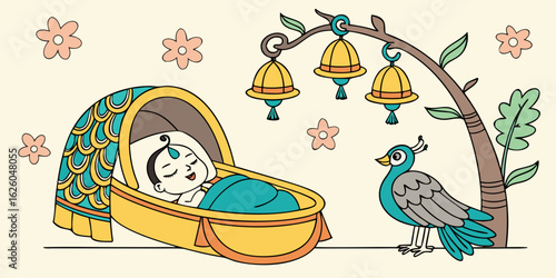 Peaceful baby sleeping in a decorative cradle with a peacock and bells under a tree