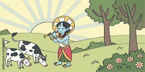 Blue skinned hindu deity krishna plays his flute for cows in a peaceful pastoral landscape at sunrise