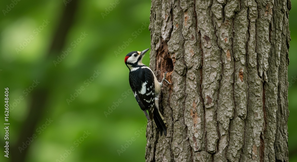 A Great Spotted Woodpecker on a tree trunk pecking a hole, preparing for nest building season in A Great Spotted Woodpecker on a tree trunk pecking a hole, preparing for nest building season in