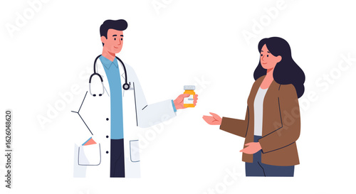Cartoon Doctor Offering Medication to Patient in Clinic