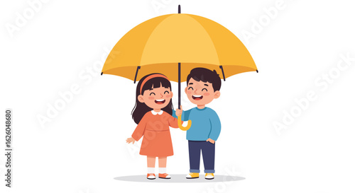 Cheerful children sharing a bright yellow umbrella in cartoon style