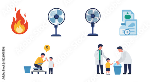 Doctor watches as a father helps his young son wash hands with soap in a blue bucket. A flat vector illustration of hygiene and pediatric care.