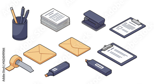 Isometric office supplies set with clipboard, paper, pen holder, and stationery icons.