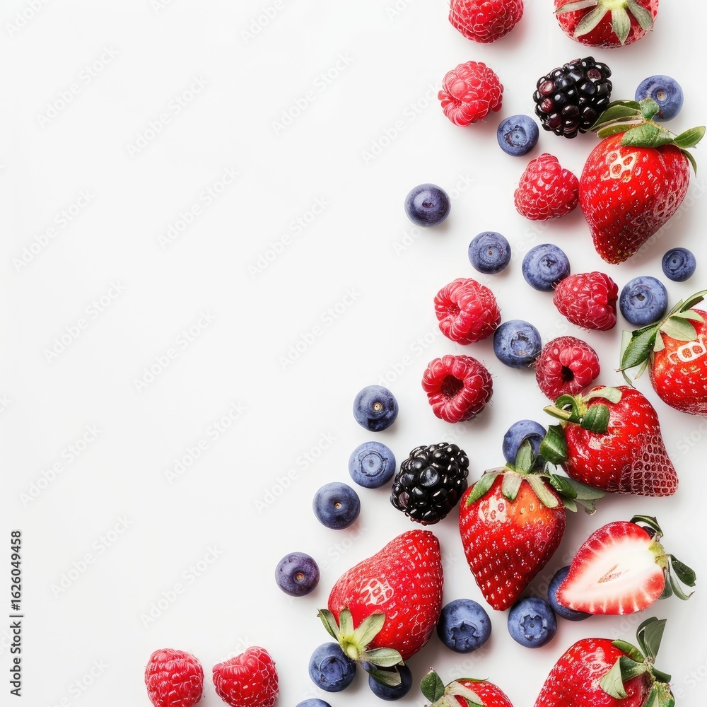 Obraz premium Assorted fresh berries scattered on white background