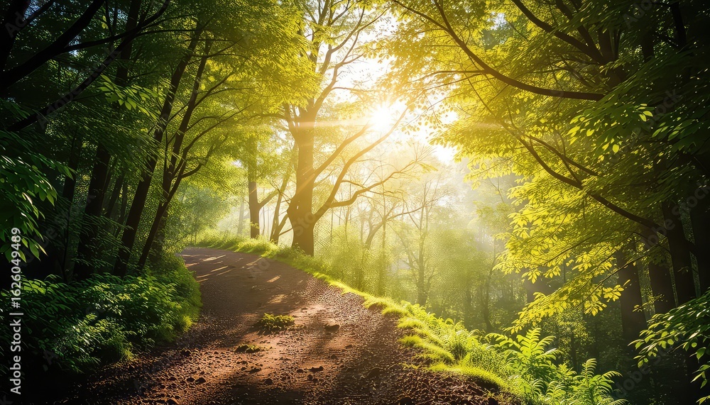Obraz premium Sunlight filtering through the lush green canopy of a dense forest, illuminating a winding, earthy path