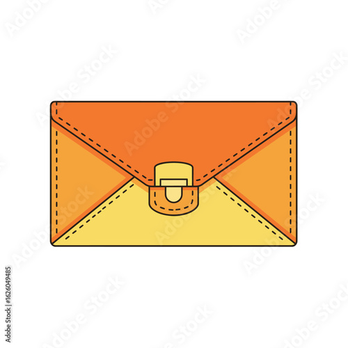 Stylish orange and yellow clutch handbag with a flap closure, central clasp, and dashed line stitching.