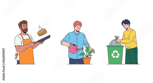 Daily life activities vector illustration cooking gardening recycling concept