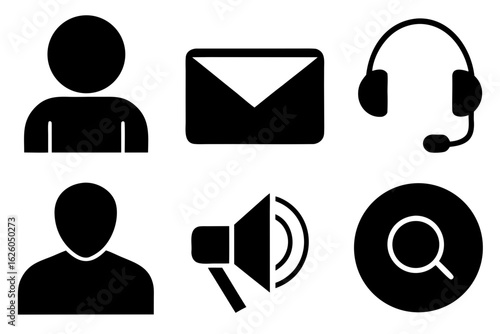 Communication and support silhouette icon set with user, mail, headset and more