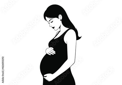 Pregnant woman holding her belly, isolated on white background