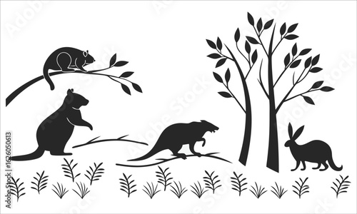 Forest animals and plants in silhouette illustration Keywords: beaver, rabbit, squirrel, tree