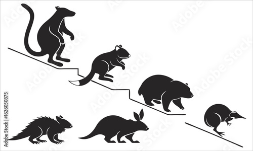 Silhouettes of Australian animals on a white background Keywords: kangaroo, koala, wombat