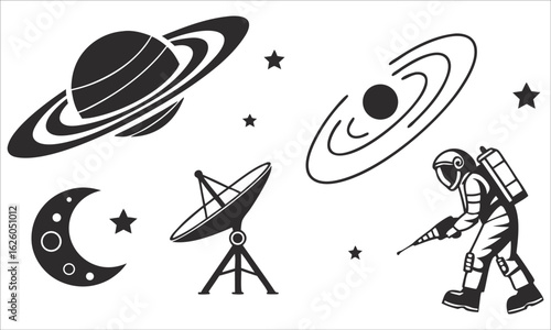 Space Exploration Icons Saturn Astronaut Moon Satellite