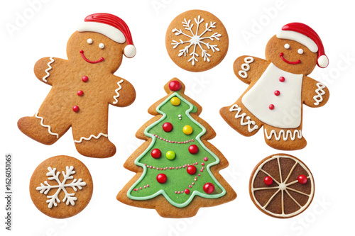 Assortment of festive christmas gingerbread cookies isolated on transparent background