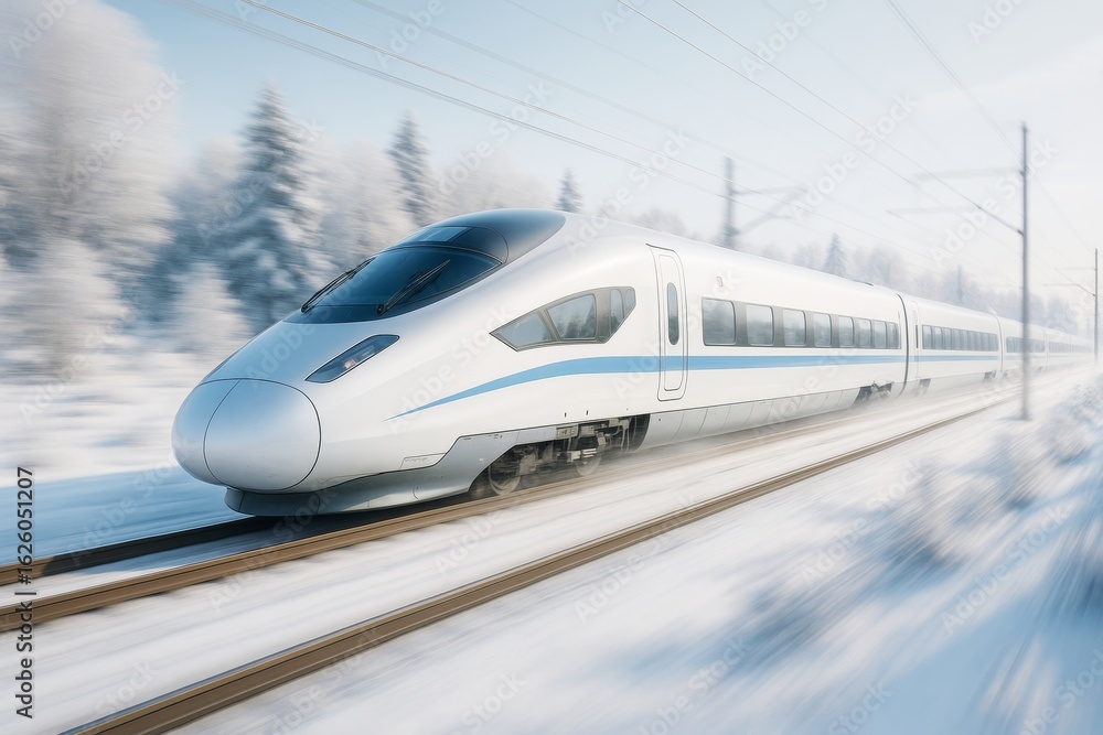 Naklejka premium High-speed futuristic bullet train in motion on snowy railway with winter forest background and soft light effect in abstract style. Ai generative