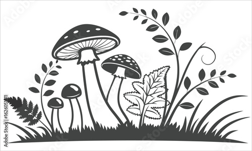 Woodland Mushroom and Foliage Silhouette fungi toadstool