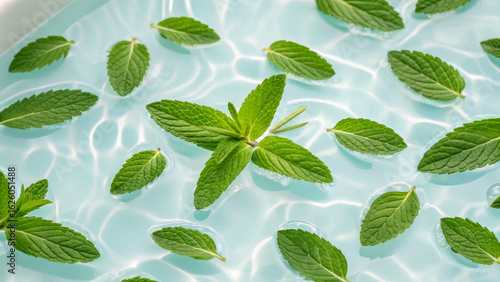 Warm bath experience reduces stress and tension. Mint leaves floating in tranquil water, creating a serene and refreshing visual effect.