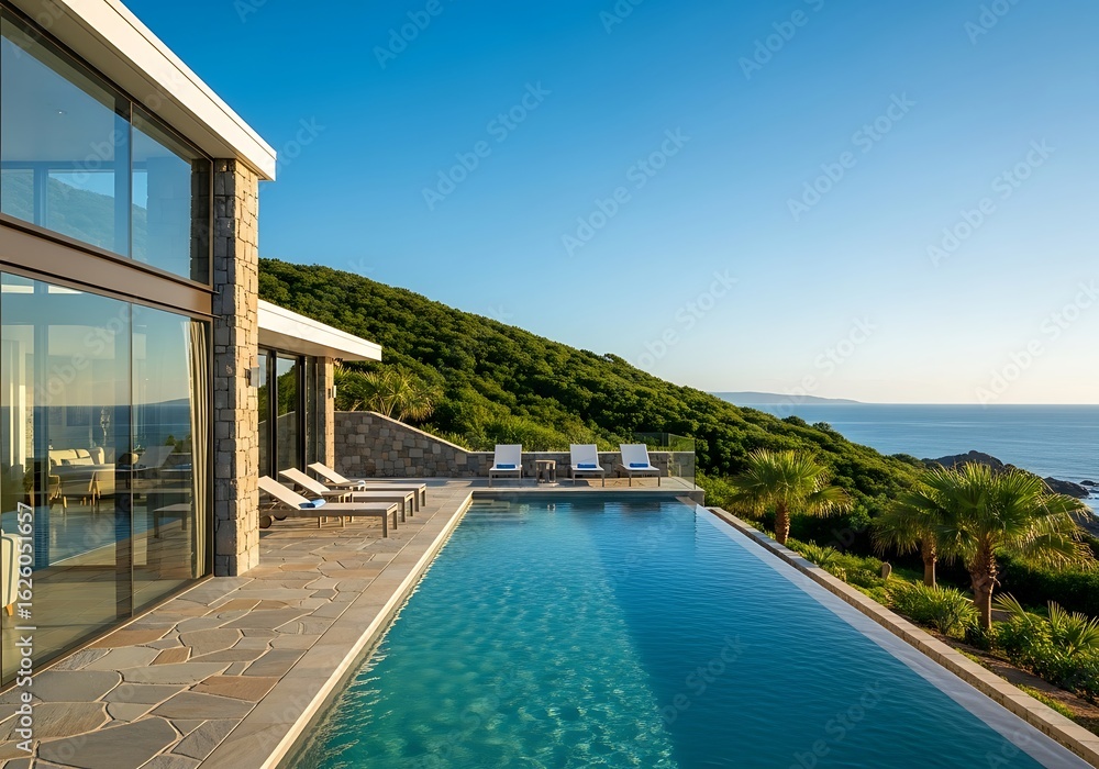 Fototapeta premium Luxury retreat with an infinity pool blending seamlessly into the ocean horizon and lush greenery