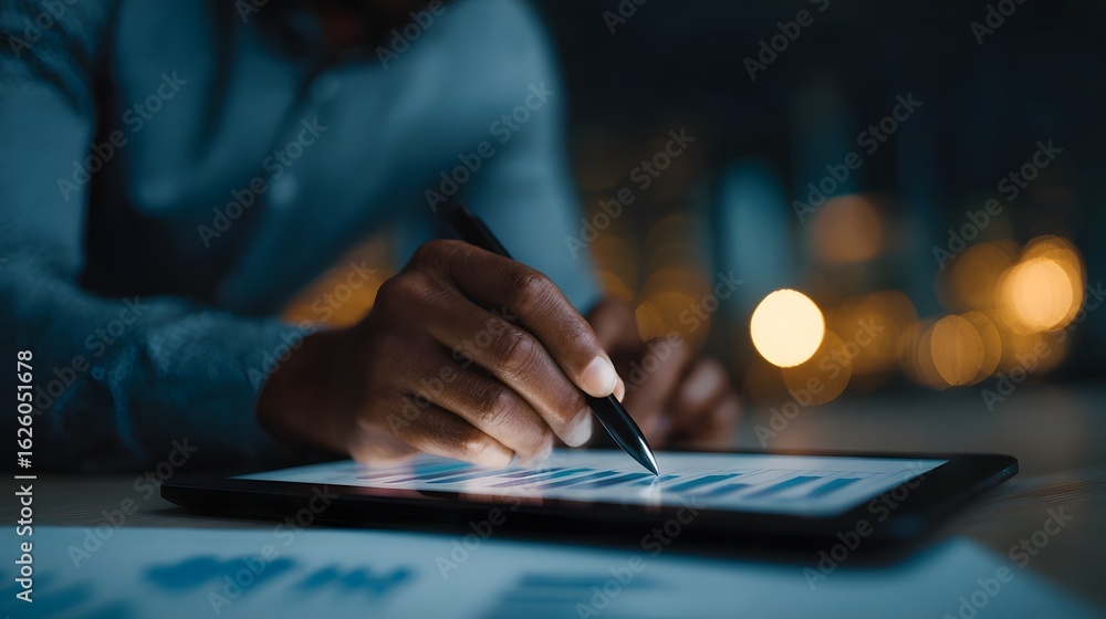 Fototapeta premium Analyzing real estate market data on a tablet in a dimly lit office environment