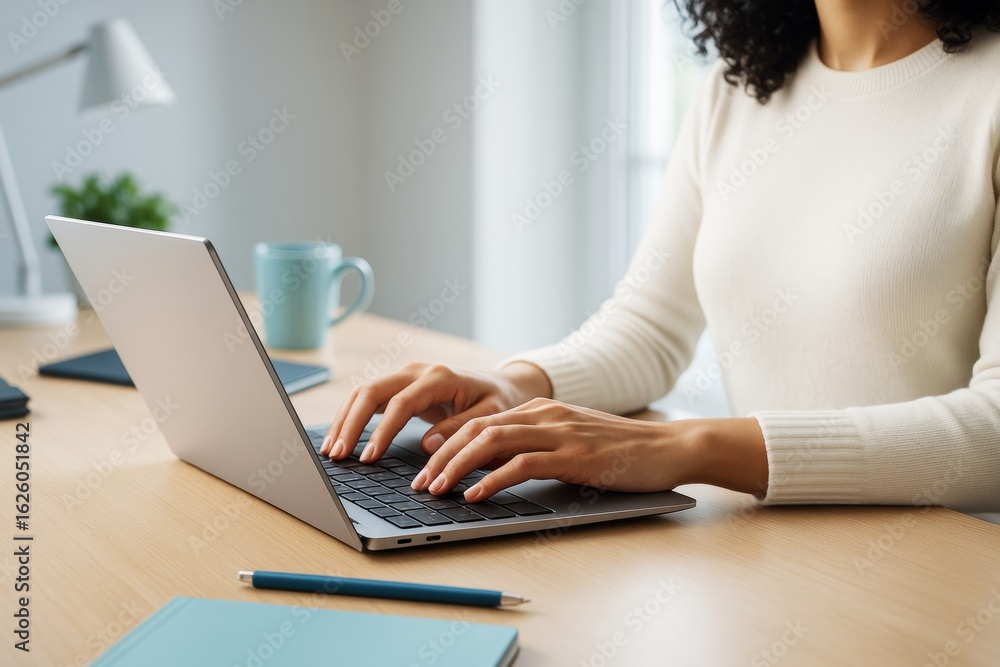 Fototapeta premium Woman working on laptop in modern home office setting with warm light and minimalistic background, focused on technology and creative productivity.