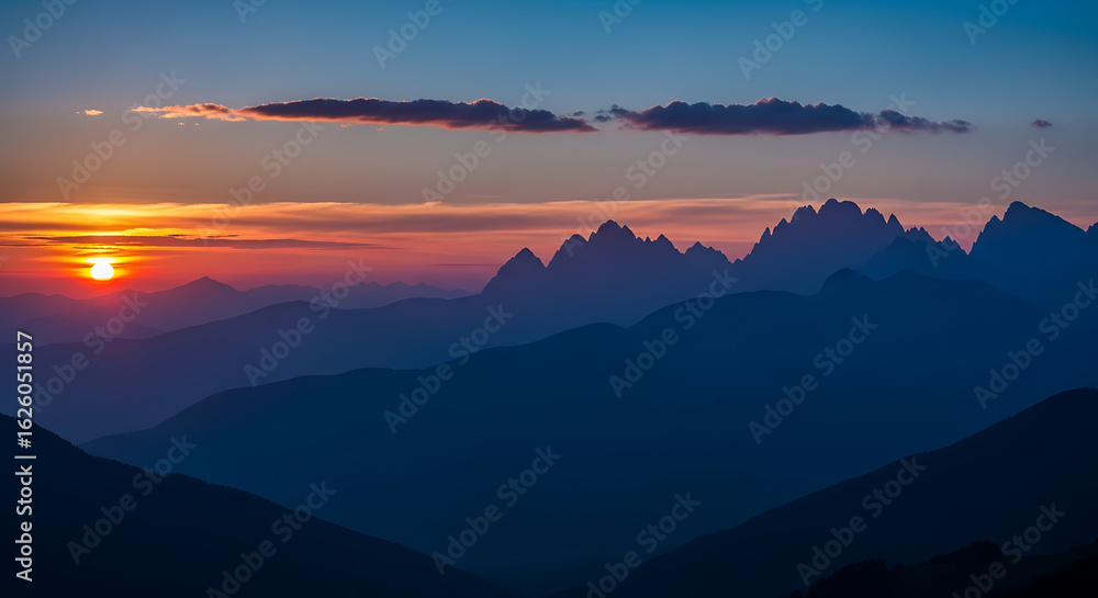 Obraz premium The silhouette of a distant ridge is the focal point, framed by a gorgeous sunset. 