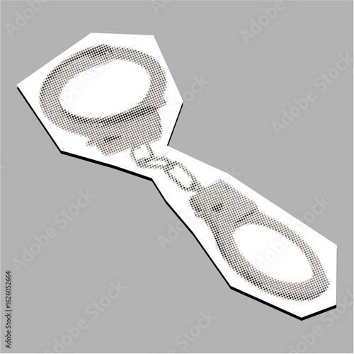 halftone stipple Handcuff dotted collage element pointillize in paper torn vector. Represents law, justice, and confinement with a textured, deconstructed feel. Ideal for crime and security concepts.