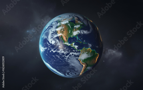 Realistic 3d rendering of planet earth with continents and oceans illuminated against a dark cosmic background