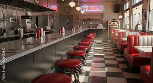 A minimalist yet charming photograph of a diner interior with a strong retro vibe. 