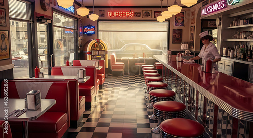 A minimalist yet charming photograph of a diner interior with a strong retro vibe. 
