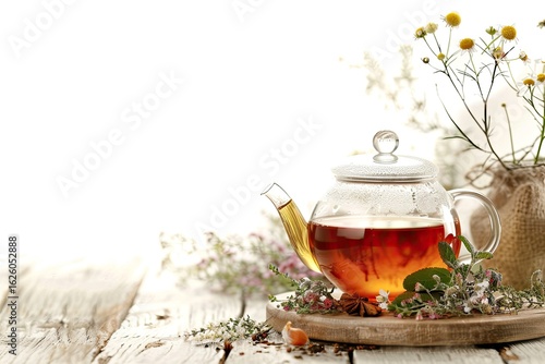 high detail picture of Wooden table with vintage kettle and spring flowers.
