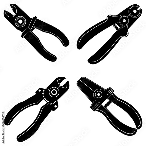 Four black and white illustrations of different types of pliers arranged in a square pattern design