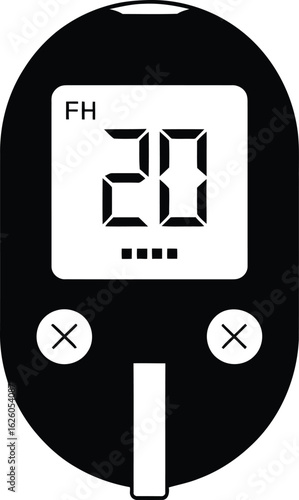 Black silhouette of a digital glucose meter with a clear display showing a reading and buttons for diabetes testing