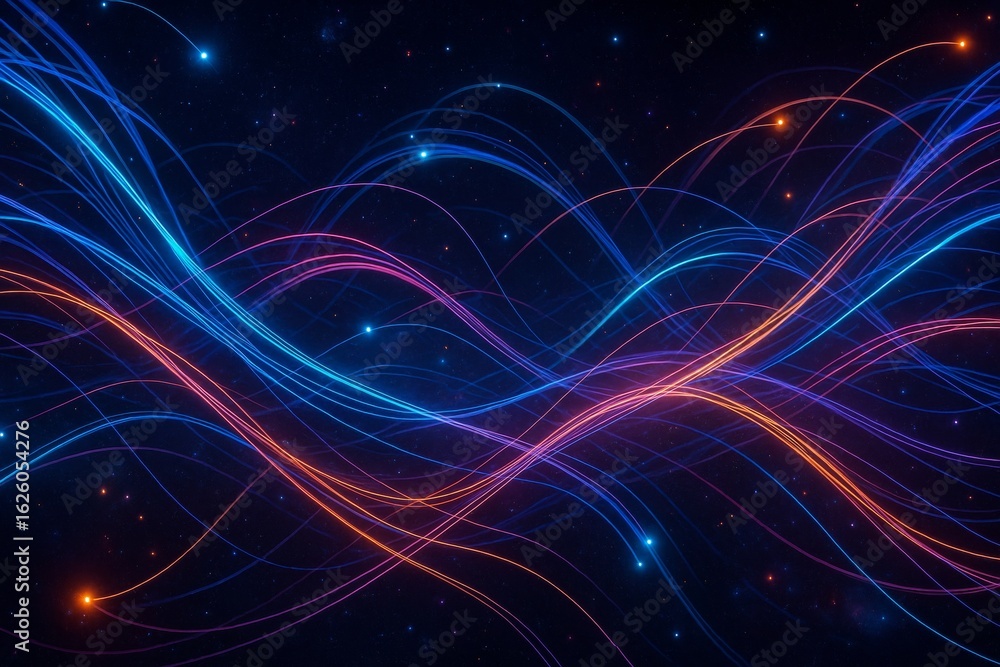 Obraz premium Colorful light trails forming abstract waves on deep space background, symbolizing energy flow, motion, and futuristic digital dynamics. Ai generative