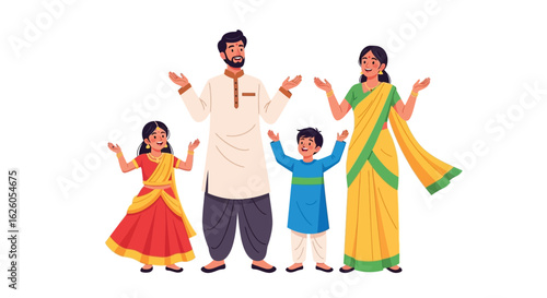 Happy indian family illustration in traditional clothing celebrating together