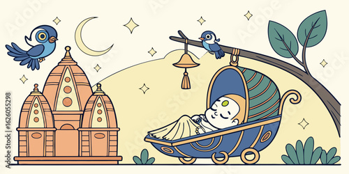 Cute baby sleeping peacefully in a cradle under a crescent moon with birds and a temple